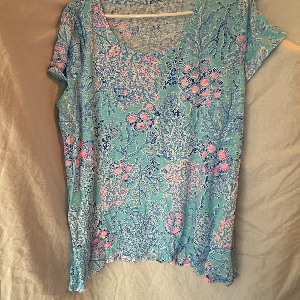 Lilly Pulitzer Aqua and Pink Short Sleeve Top